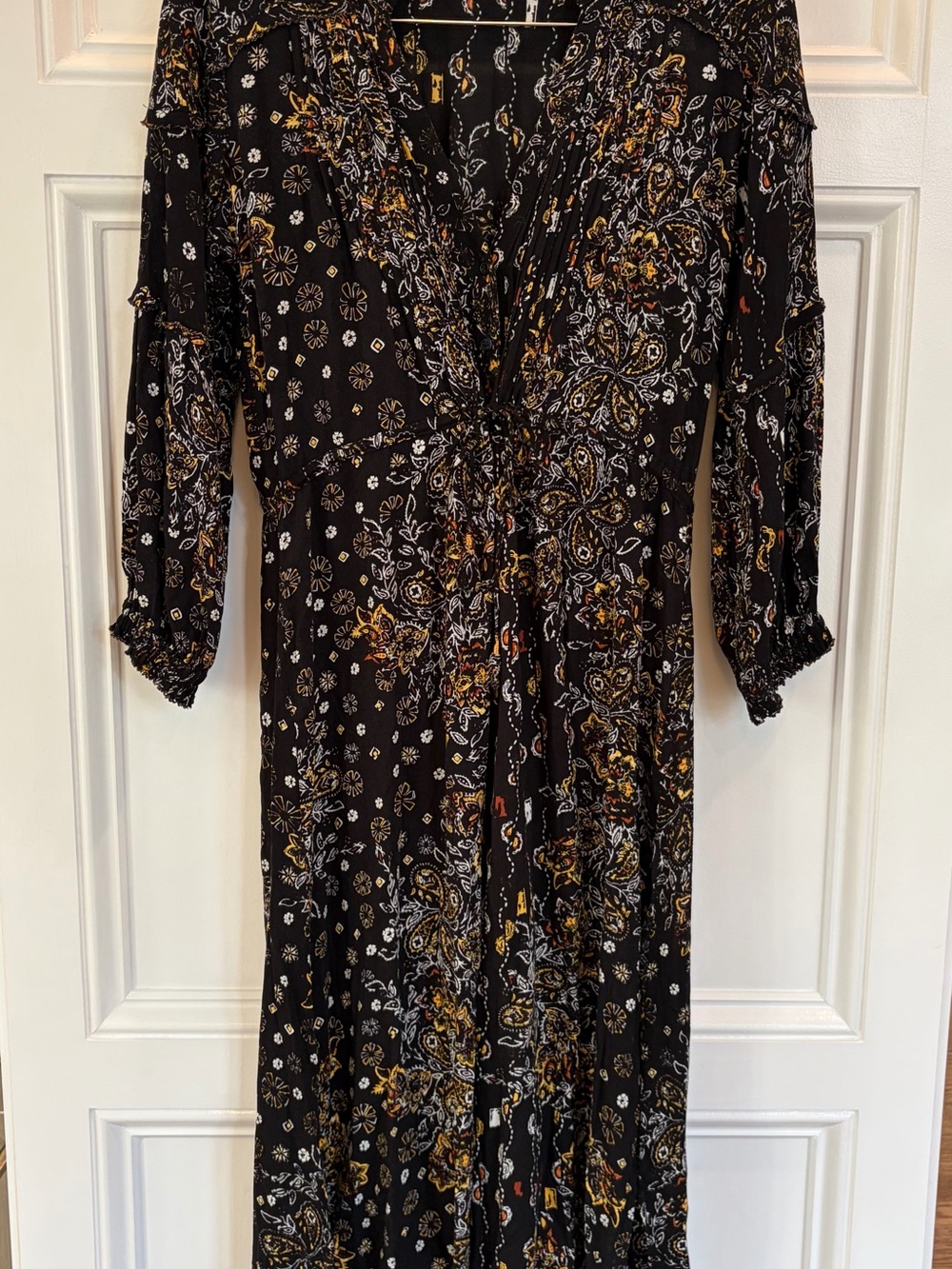 Poupette St. Barth Black Paisley Midi Dress with Gold and White Accents